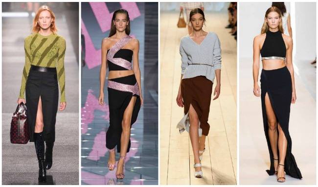 модные длинные юбки с разрезом 2020-2021: черная, коричневая