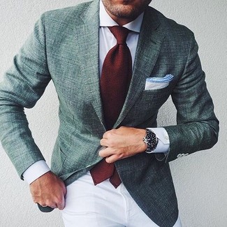 Как и с чем носить: темно-зеленый пиджак, белая классическая рубашка, белые брюки чинос, темно-красный галстук
