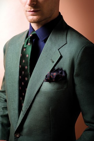 Как и с чем носить: темно-зеленый пиджак, темно-синяя классическая рубашка, темно-зеленый шелковый галстук с цветочным принтом, черный нагрудный платок с принтом