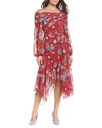 Красное шифоновое платье-миди с цветочным принтом