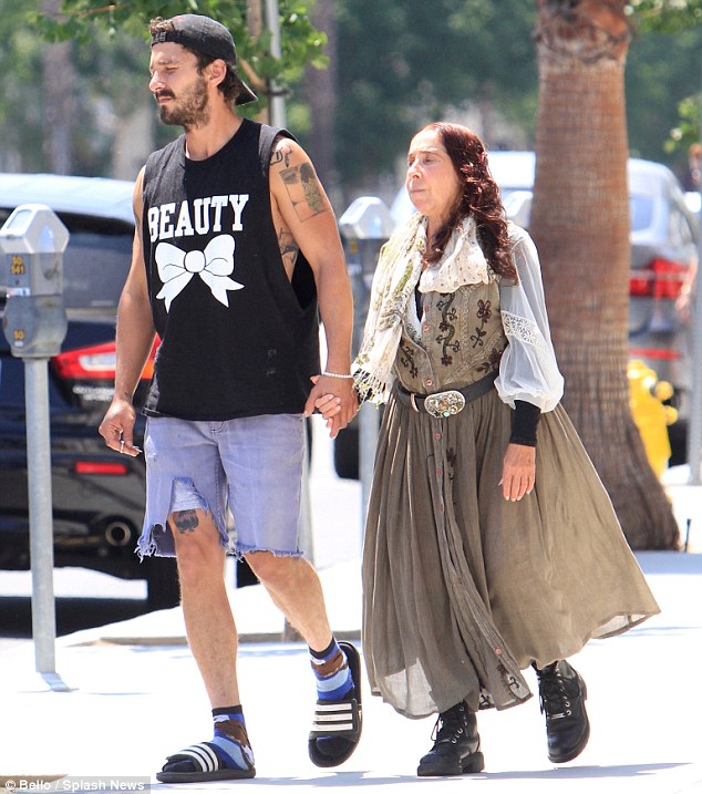 Before the row: Shia is pictured with his mother Shayna in Los Angeles earlier this month, before he jetted to Germany with Mia 
