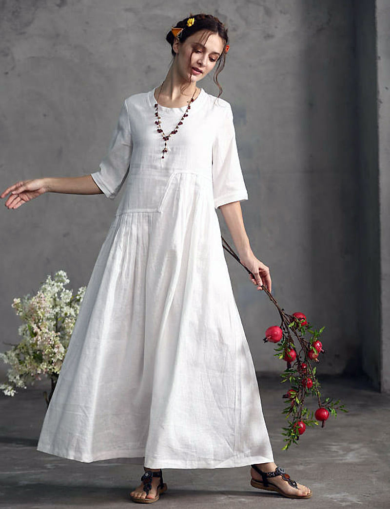 Бохо стиль, белое платье из льна