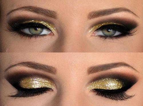 Макияж с золотыми тенями для карих глаз. Черно-золотой и коричнево-золотой макияж (с фото)