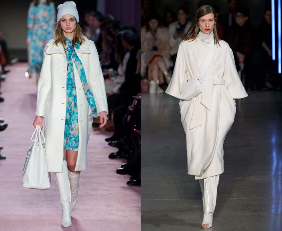 Модели в красивых белых пальто, модные пальто
