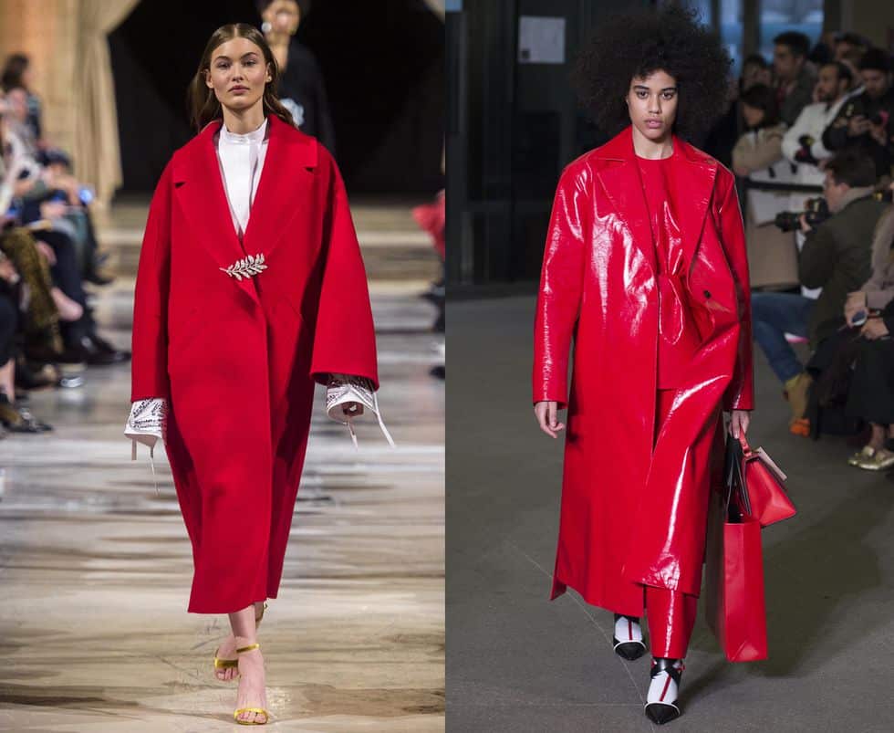 Модели в красном пальто оверсайз, модное пальто осень-зима