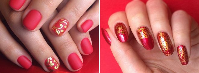 маникюр красный с золотом