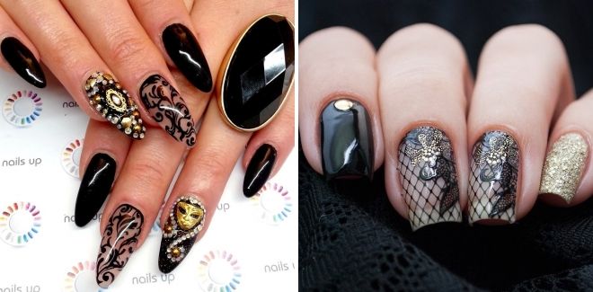 черный маникюр с вуалью и золотыми блестками черный маникюр с вуалью и золотыми блестками
