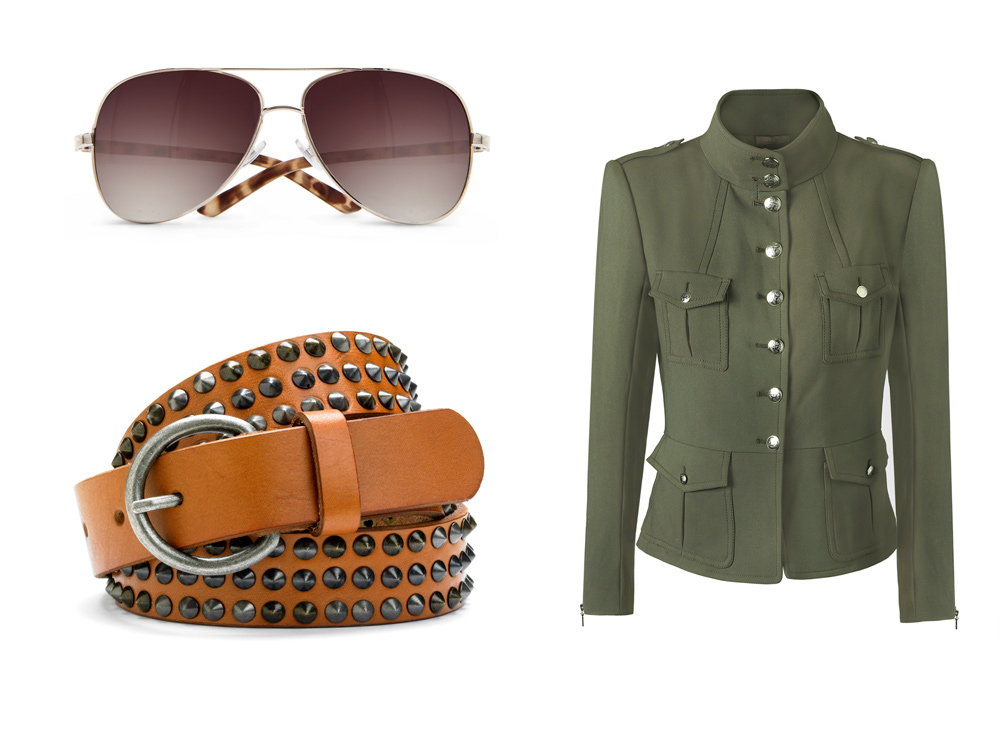 Очки и кожаные пояса – важные детали аутфитов с женским пиджаком в милитари стиле