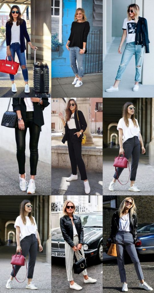 Белые кроссовки - универсальны. Отлично сочетаются с штанами разного фасона, джинсами и сумочками.